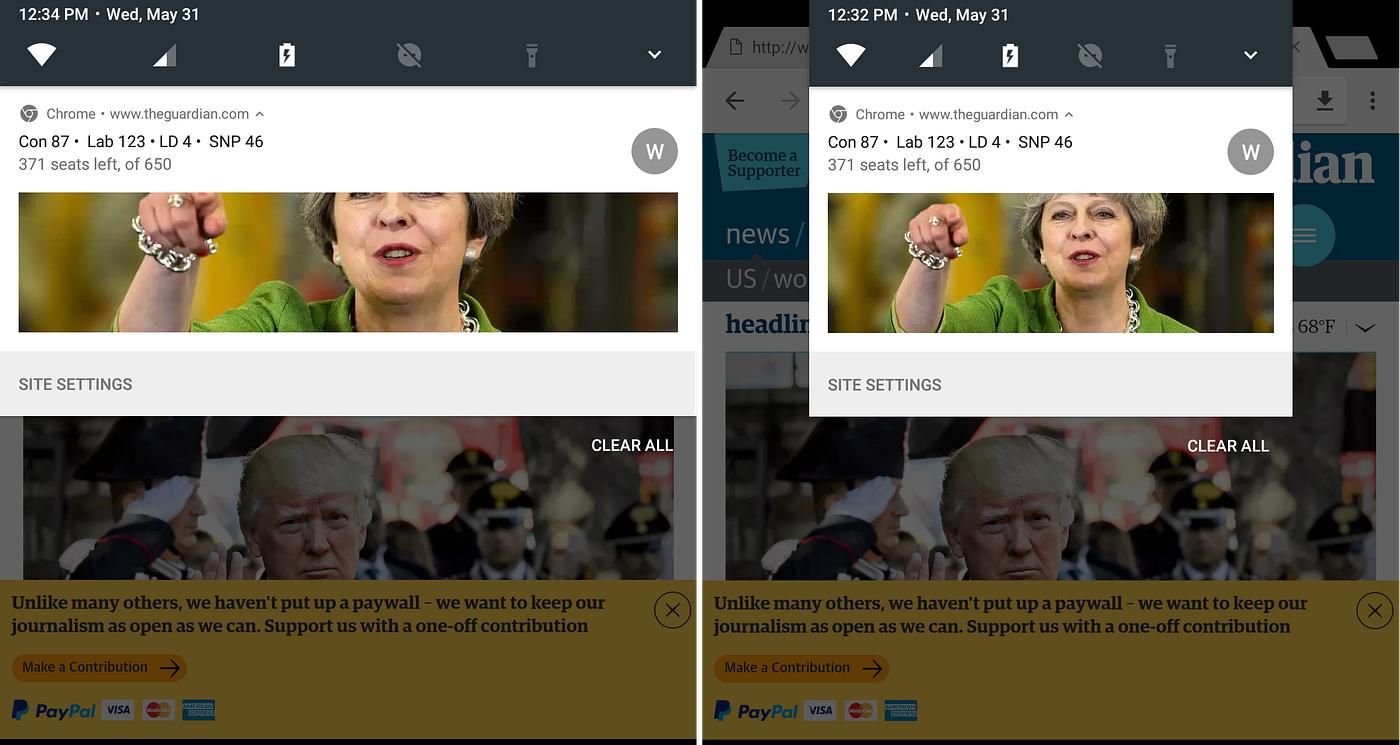 Браузерное push-уведомление The Guardian с результатами выборов, отображаемое в Chrome на Android