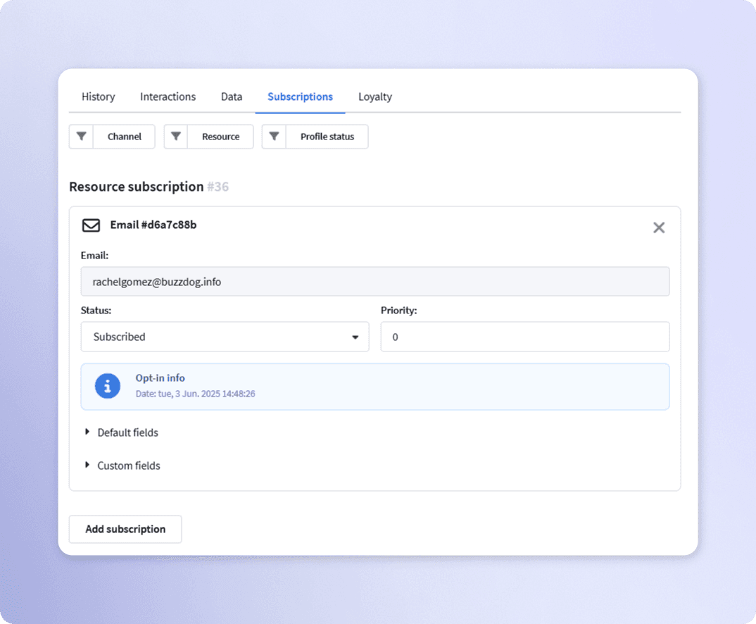 Customer profile in CDP showing subscriptions