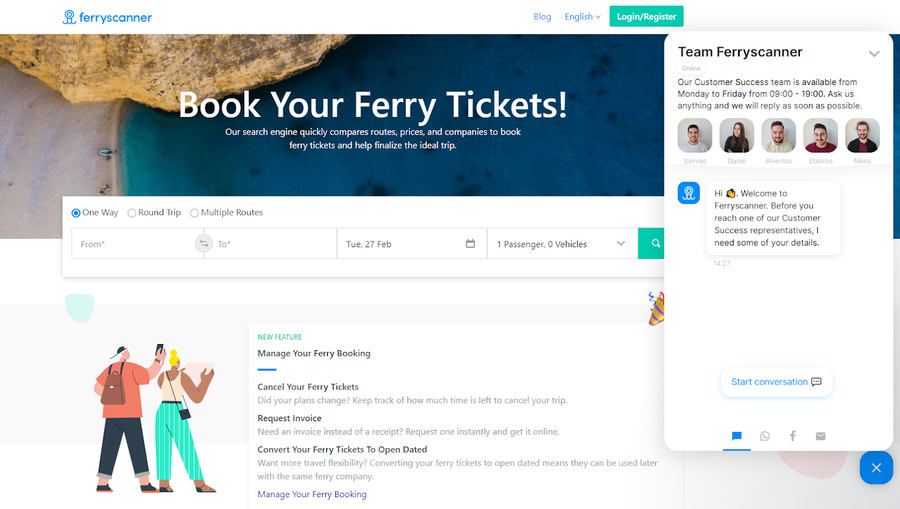 Chatbot widget on Ferryscanner