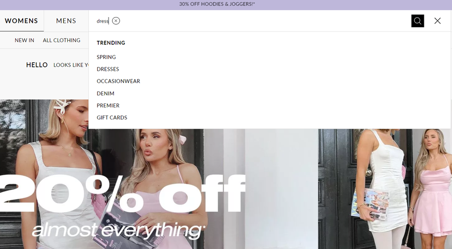 Example of search widget on Boohoo’s site