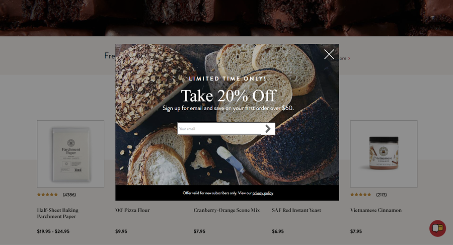 Popup on King Arthur Baking Company’s site